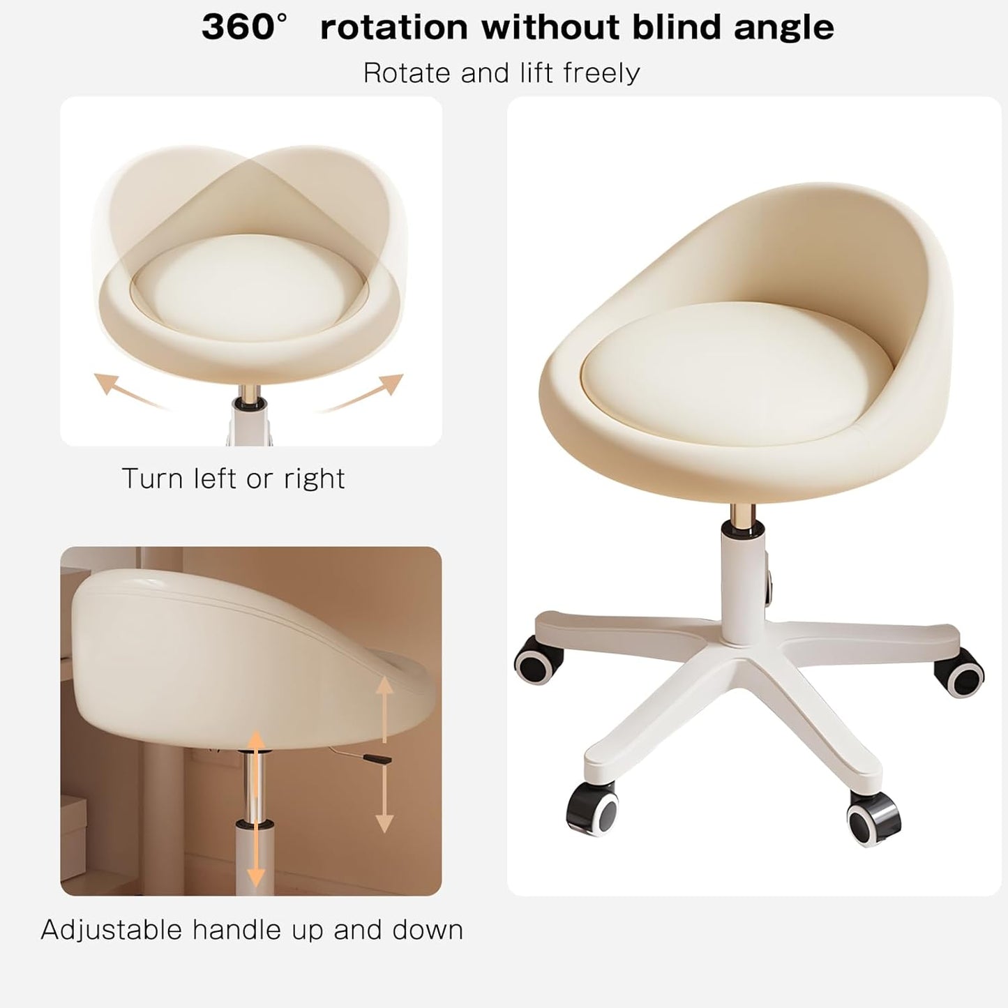 Rolling Stool Set of 3 Rolling Hydraulic Salon Stool with Low Backrest - Adjustable Swivel Chair for SPA, Shop, Salon, Massage, or Medical Office Beige