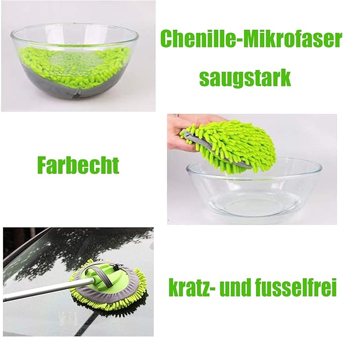 62" Car Wash Brush Mop Kit with Long Handle, 2 in 1 Chenille Microfiber Sponge Mitt Cleaning Detailing Duster for Washing Cars Truck SUV RV Caravans and Household(2 x Mop Head)