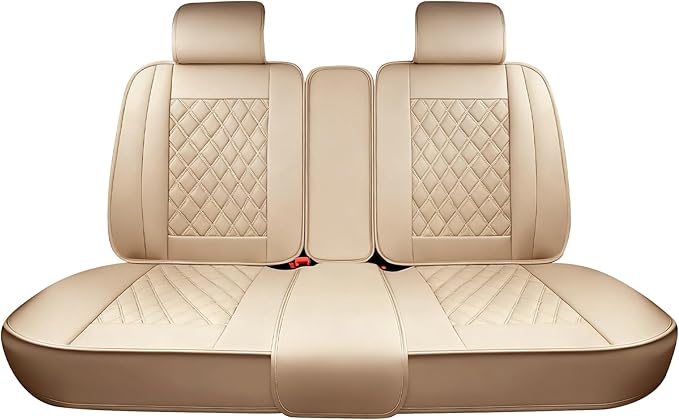 Huidasource Beige Car Rear Seat Covers, Nappa Leather Back Seat Cover, Automotive Rear Bench Seat Cushion Cover Universal Fit for Most Cars Sedan SUV Pickup Truck (Back Row/Beige)