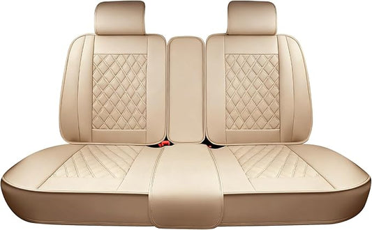 Huidasource Beige Car Rear Seat Covers, Nappa Leather Back Seat Cover, Automotive Rear Bench Seat Cushion Cover Universal Fit for Most Cars Sedan SUV Pickup Truck (Back Row/Beige)