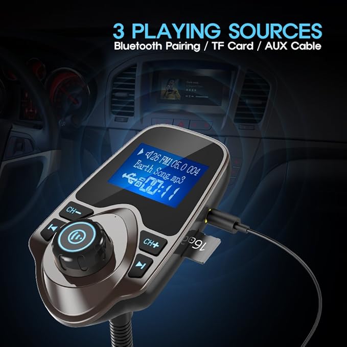 Nulaxy Bluetooth Car FM Transmitter Audio Adapter Receiver Wireless Handsfree Car Kit TF Card AUX 1.44 Display – KM18 Brown
