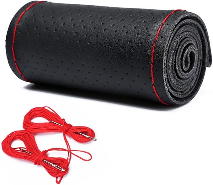 DEEYOTA Car Steering Wheel Cover Universal Fit Round Stitch Steering Wheel Wrap Thin PU Leather Steering Wheel Cover Sewn on 15" Car Wheel (Black)