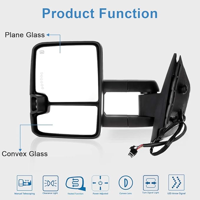 ECCPP fit for Chevy Towing Mirrors for GMC Power Heated LED Turn Arrow Signal Reverse Light Tow Mirrors for 2008-2013 for Chevy for Silverado for GMC for Sierra 2007 for Silverado New Body Style