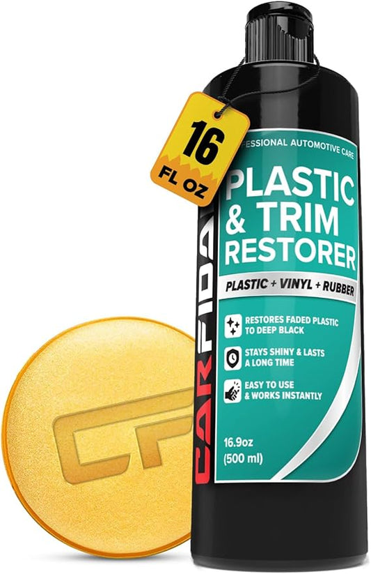 Carfidant Plastic Restorer for Cars – Refreshes Faded Plastic, Vinyl & Rubber Trim with Polish for Deep Shine – Protects Against UV & Dirt – Black Exterior & Interior Care for Detailing - 16 fl. Oz.