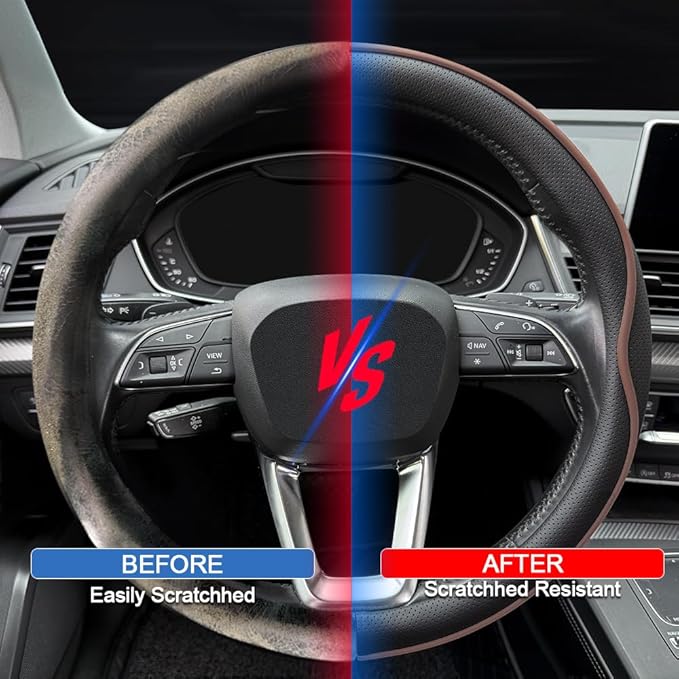 Leather Steering Wheel Cover， with Anti-Slip Stripe Design - Enhanced Grip, Fashion Style, Safe, Non-Slip, Breathable. Upgrade car Interior，Black Brown