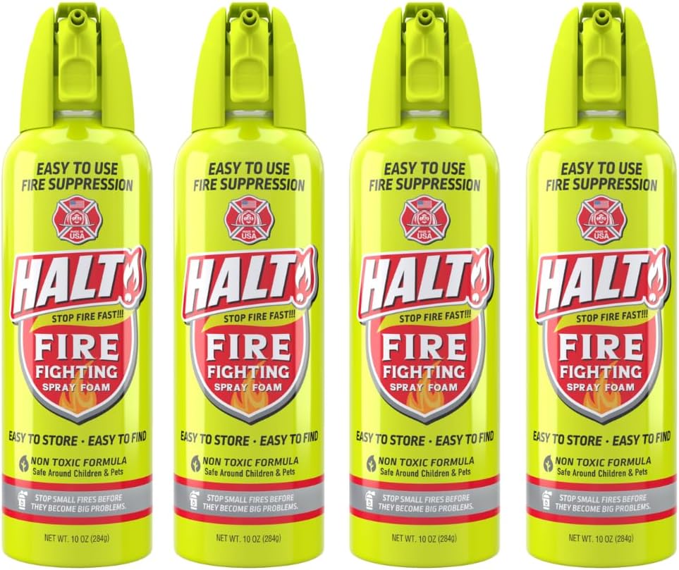 HALT! Fire Fighting Foam Spray – Non-Toxic, PFAS Free, Easy to Use, Store, and Find in Emergency – Compact & Portable – Ideal for Home, Kitchen, Apartment, Car, BBQ, Tailgate – Made in USA (4-Pack)