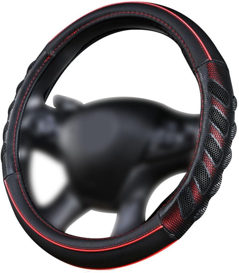 Flying Banner car Steering Wheel Cover Faux Leather Massage Universal fit 3D Honeycomb Hole Anti-Slip Sporty 15 Inches (Red Black)