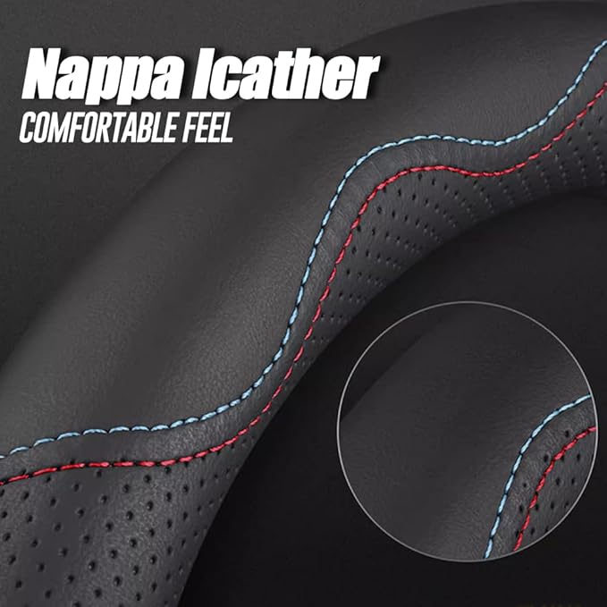 LKWLIKEI Nappa Premium Leather car Steering Wheel Cover, Non-Slip, Breathable, Universal 15 inches,Black and red Blue line