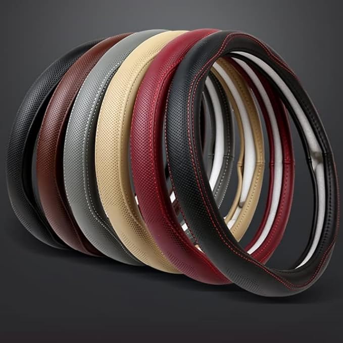 Cowhide Steering Wheel Cover Heat Resistant Anti-Slip Car Wheel Wrap Compatible with Most Makes and Models of Cars and Trucks with 14.5 to 15 Inch Steering Wheel