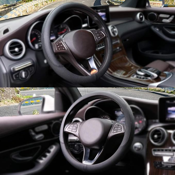 COFIT Breathable Car Steering Wheel Cover 15 inch Auto Universal Leather Wrap Non-Slip Steeringwheel Protector Automotive Interior Accessories, Black (Suit for 14.5-15 inch)