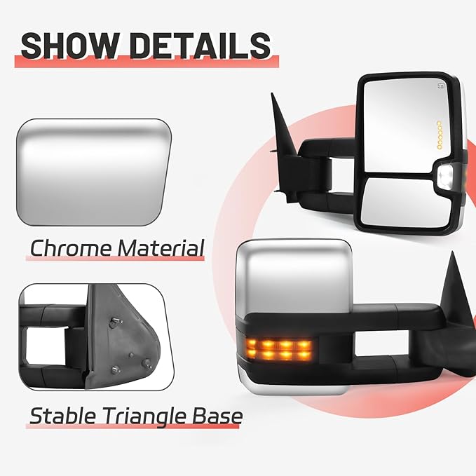 Towing Mirrors for 2003-2006 Chevy Silverado/GMC Sierra 1500 2500 HD 3500(2007 for Classic Style) Avalanche Suburban Tahoe Yukon XL Chrome Power Heat Smoke Signal Light Pair set