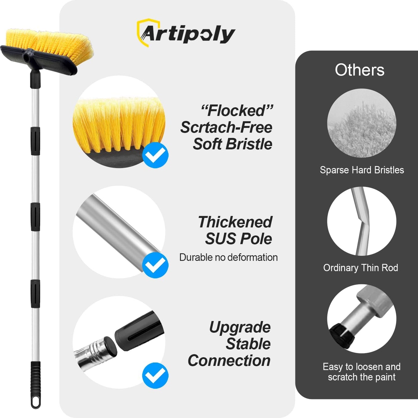 65" Car Wash Brush with Extension Pole, Car Wash 10” Dip Soft Brush, No Scratch Car Cleaning Brush Supplies for RV Boat Truck SUV, House Siding, Snow, Floors