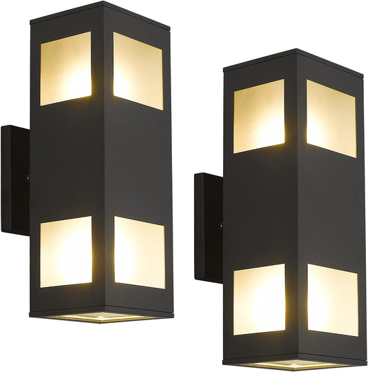 harriet Porch Lights Outdoor Modern - IP64 Waterproof Aluminum and Tempered Glass Cover, 13" Rectangular Up/Down Wall Sconce for Porch, Garage & Patio, Exterior Lighting, Black, 2 Pack