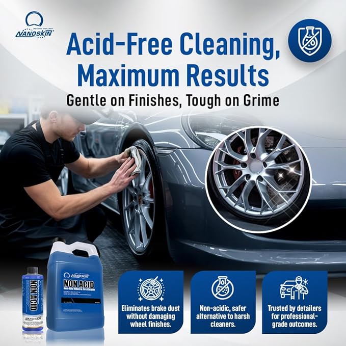 Nanoskin NON ACID Professional Wheel & Tire Cleaner 16 oz – Works with Tire Brush | Car Wash Cleaning Spray for Car Detailing | Removes Brake Dust, Oil, Dirt, Light Corrosion