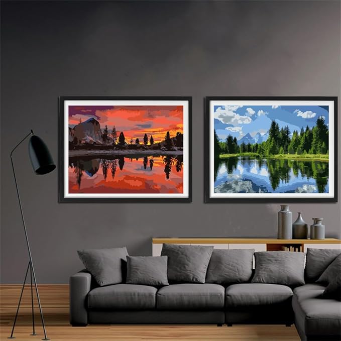 YANXIN Paint by Numbers Kit for Adults Beginners 2 Pack Paint by Numbers for Adults Rolled up Canvas for Home Decoration Creative Wall Art with Colorful Gift Box 12x16 inch Lake Refection 167-168