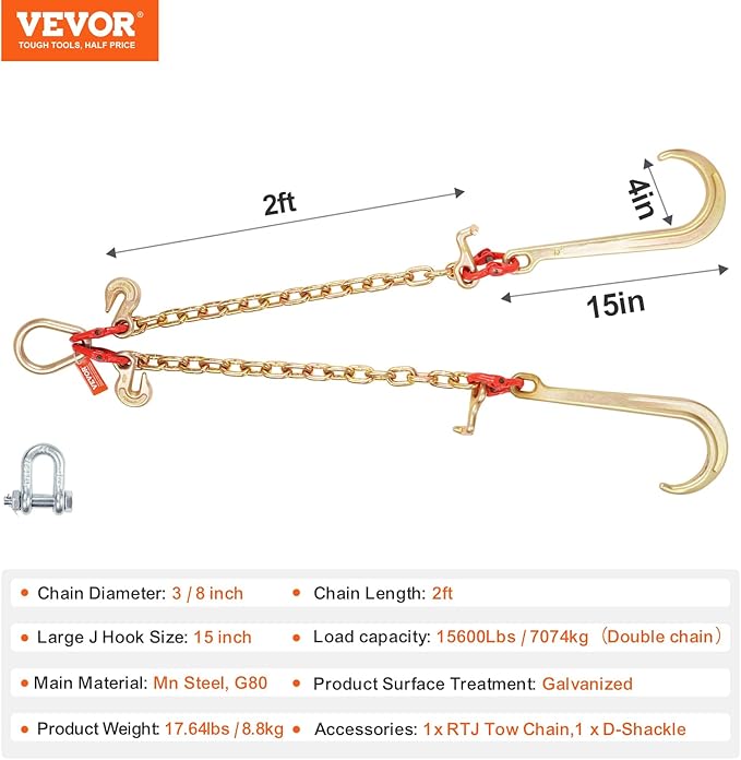 VEVOR G80 V Bridle Chain, 3/8" x 2' Towing Chain Bridle with 15" J Hooks, T Hooks & Grab Hooks, Heavy Duty Transport Tow Chain Bridle with 7800 lbs Safe Working Load for Flatbed Truck Wrecker Recovery