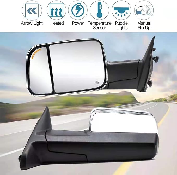 BOOLEE Towing Mirrors Power Heated Compatible with 2009-2018 Dodge Ram 1500,2019-2023 Dodge Ram 1500 Classic Arrow Lamp Puddle Light Temp Sensor Pickup Truck Tow Mirrors Chrome