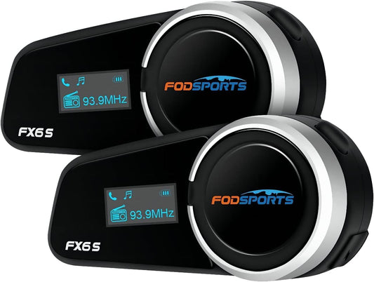 Fodsports FX6S Bluetooth Motorcycle Headset, 6-Way Motorbike Intercom Bluetooth, 1000m Motorcycle Helmet Communication Systems/Voice Dial/Universal Pairing/FM Radio (2 Pack FX6S with LED)