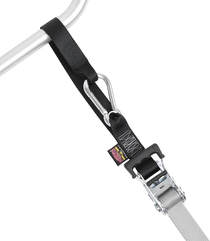 PowerTye 1.5 inch x 10ft Extra Long Ratchet Tie Down Straps, Heavy Duty with Carabiner Hooks, Soft-Tye & Bag, for Motorcycle, ATV & Cargo - 1,000 lb WLL - Made in USA - Silver/Black Pair
