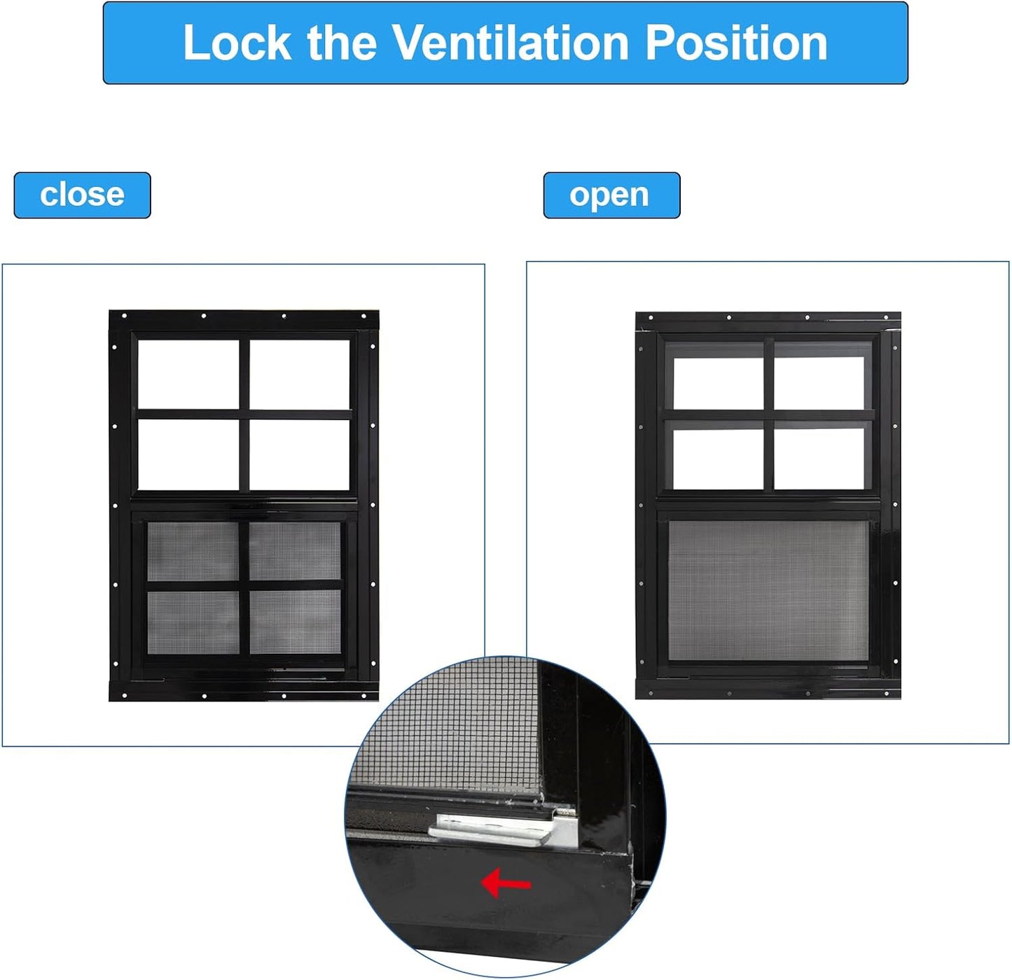 NeatiEase Upgraded Shed Windows 2 Pack, 18" x 23" Windows with Tempered Glass and Stainless Steel Screen for Shed, Chicken Coop, Playhouse, Household, Garage(Black)