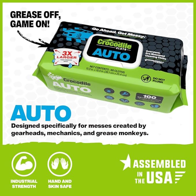 Crocodile Cloth Auto Cleaning Wipes – 100 XL (15" x 10") Disposable Wipes for Car Engine Degreasing, Body Detailing & Tire Cleaning – Cuts Grease, Oil, Adhesives on Hands, Tools, Parts & More