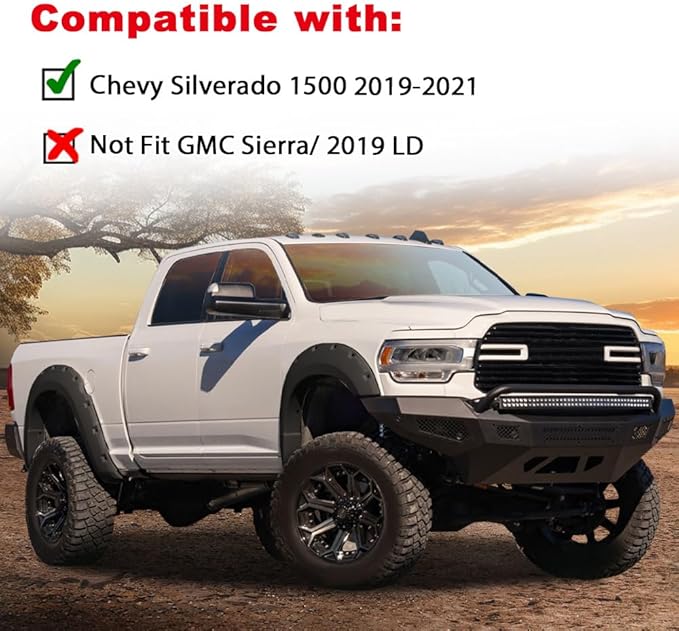 G-PLUS Fender Flares 4PCS,Compatible with Chevy Silverado 1500 2019 2020 2021(Not Fit 2019 LD),Not Fit GMC Sierra,Pocket Rivet Style Smooth Black 4pcs