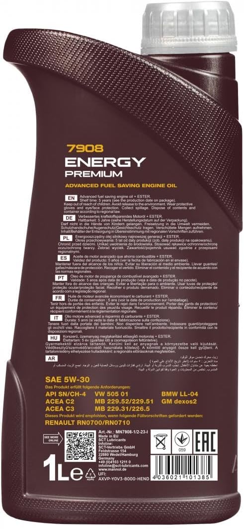 Energy Premium 5W-30 Motor Oil by Mannol - 7908 Full Synthetic Engine Oil for Modern Diesel and Gas Engines, Car Oil ACEA C3, 40,000 km Long Life Interval, 1L