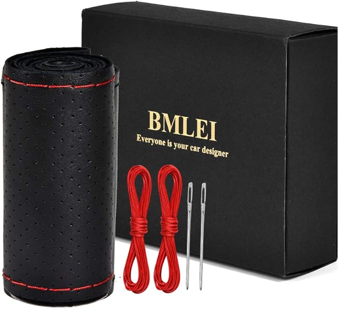 Universal Car Steering Wheel Cover with Top Genuine Leather, Anti-Slip Design and Soft Padding, Stitching Style (Black Leather with red Thread)