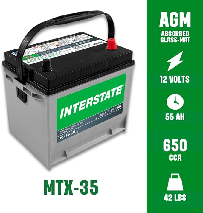 Interstate Batteries Automotive Battery 12V 55Ah (Group Size 35) 650CCA SLI AGM Auto Battery Replacement for Cars, SUVs, Sedans, Trucks (MTX-35)