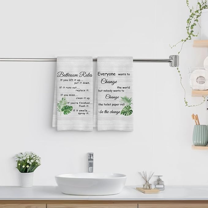 Funny Bathroom Rules Decorative Hand Towels Set of 2, Rustic Farmhouse Hand Towels for Bathroom Decor, 16x24 Inch(Tropical Leaves Style)