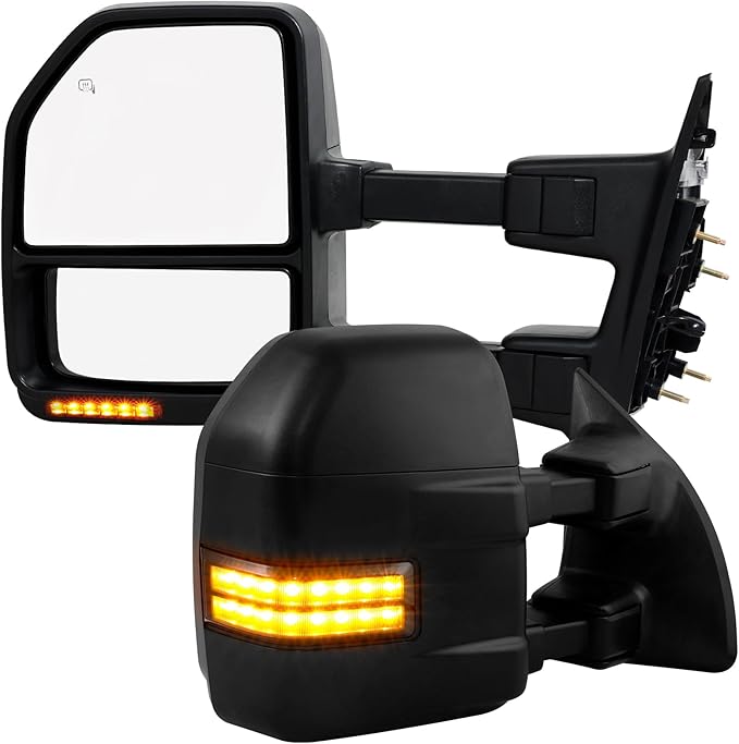 PZ Towing Mirrors Driver & Passenger Pair Set For 08-16 F250/F350/F450/F550 Super Duty Black Cap Power Heated With Smoke Signal Light