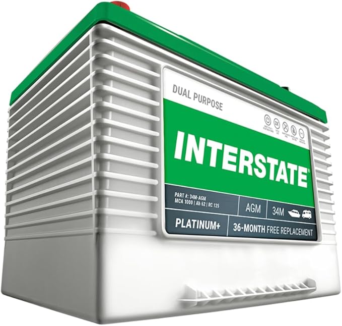 Interstate Batteries Marine/RV Battery 12V 62Ah 800CCA (34M-AGM) Dual Purpose Power Pure Lead AGM RV & Marine Starting Replacement Battery (Group Size 34M) Boats, RV's