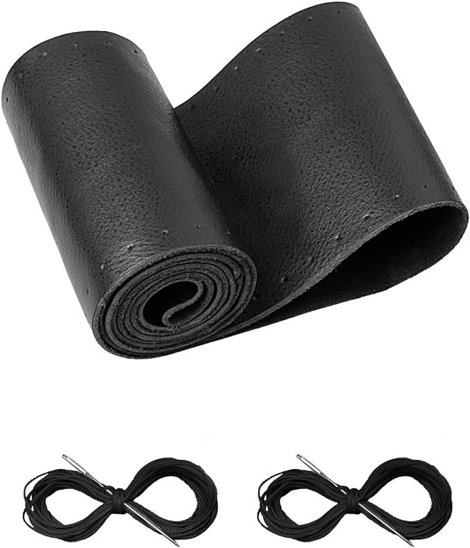 BELINOUS Leather Steering Wheel Cover Lace Up, Stitch On Wrap, Universal Fit 13-20 inch Car Truck SUV Pickup Boat, A Whole Piece of Cowhide, DIY Stitch w/Needle Thread (Size XXL1, Black)