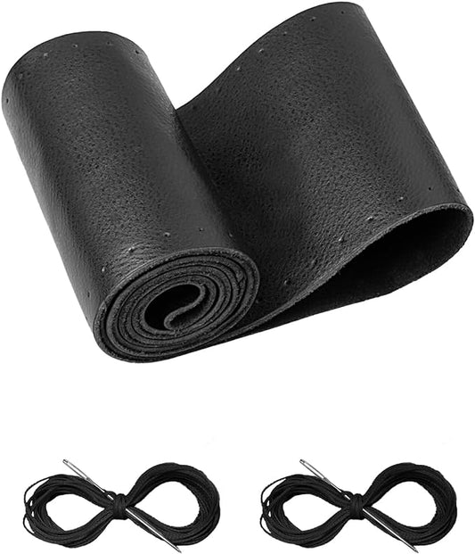 BELINOUS Leather Steering Wheel Cover Lace Up, Stitch On Wrap, Universal Fit 13-20 inch Car Truck SUV Pickup Boat, A Whole Piece of Cowhide, DIY Stitch w/Needle Thread (Size XXL1, Black)