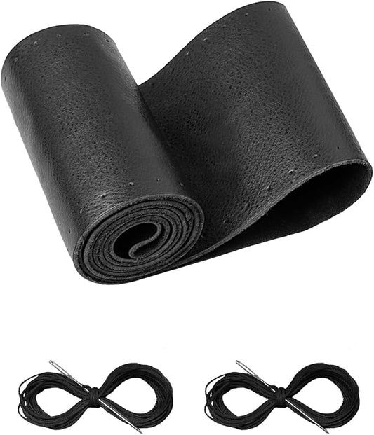 BELINOUS Leather Steering Wheel Cover Lace Up, Stitch On Wrap, Universal Fit 13-20 inch Car Truck SUV Pickup Boat, A Whole Piece of Cowhide, DIY Stitch w/Needle Thread (Size M2, Black)