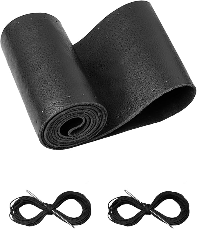 BELINOUS Leather Steering Wheel Cover Lace Up, Stitch On Wrap, Universal Fit 13-20 inch Car Truck SUV Pickup Boat, A Whole Piece of Cowhide, DIY Stitch w/Needle Thread (Size M5, Black)