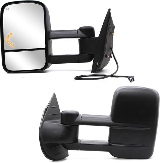 WLLW Towing Mirrors fit for 2007-2014 Chevy Silverado 1500 2500 3500 Suburban GMC Sierra Yukon with Power Heated LED Arrow Signal Light Manual Folding Telescoping Black Cap