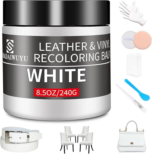 Leather Recoloring Balm,8.5oz Leather Color Restorer,White Leather Repair kit for Furniture and Car Interior,Leather Couch Scratch Repair,Leather Dye Paint for Faded,Cracked and Damaged Leather