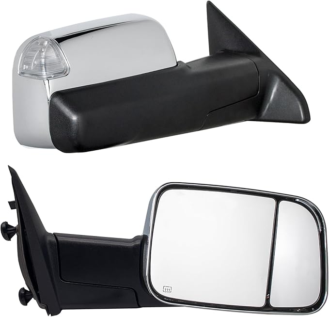 WLLW Towing Mirrors fit for 2009 2010 2011 2012 2013 2014 2015 2016 2017 2018 Dodge Ram 1500 2500 3500 Pickup with Power Adjusted Heated Turn Signal Light Temperature Sensor Puddle Lamp Chrome Cap