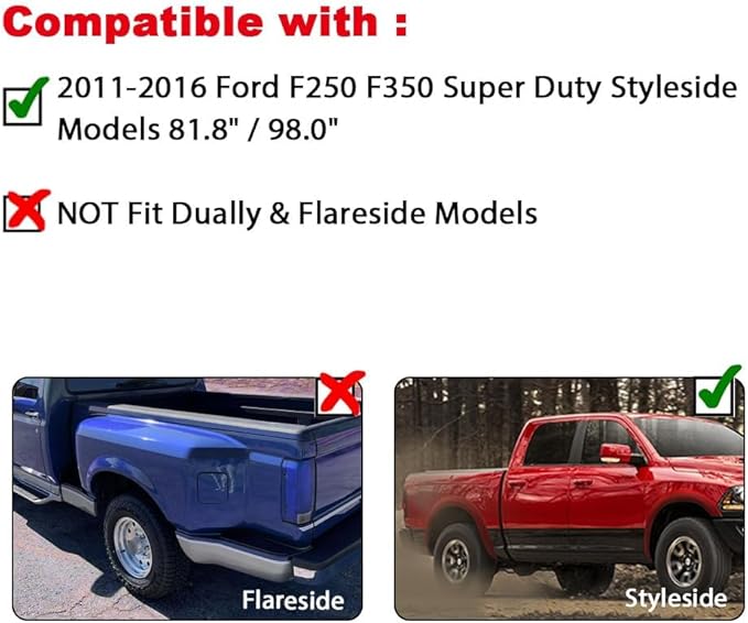 4PCS Fender Flares Fit Ford F250/F350 Super Duty 2011-2016 Styleside with 81.8" / 98.0" Bed Length Models Textured Riveted Style Wheel Trim Accessories