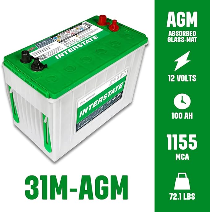 Interstate Batteries Marine/RV Battery 12V 100Ah 925CCA (31M-AGM) Dual Purpose Power Pure Lead AGM RV & Marine Starting Replacement Battery (Group Size 31M) Boats, RV's