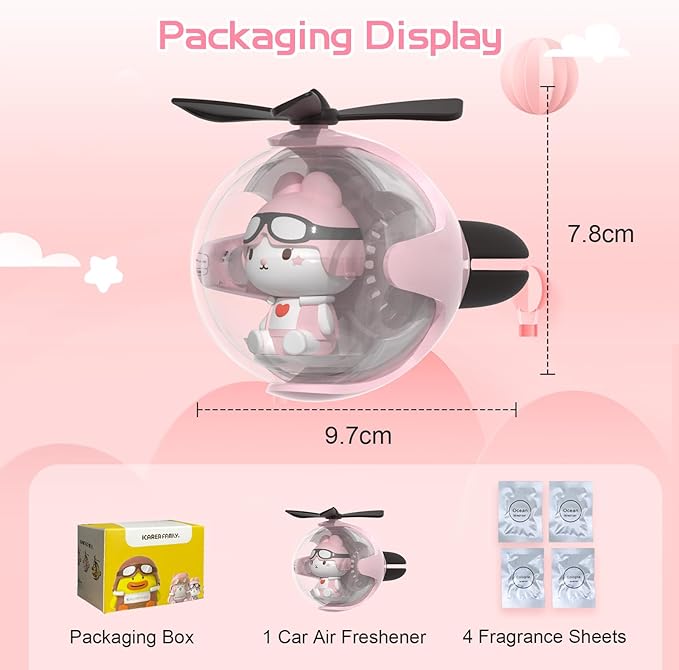 Pink Rabbit Design Car Air Freshener with LED Lights & 4 Scented Pads – Light Fragrance, Decorative Auto Accessories