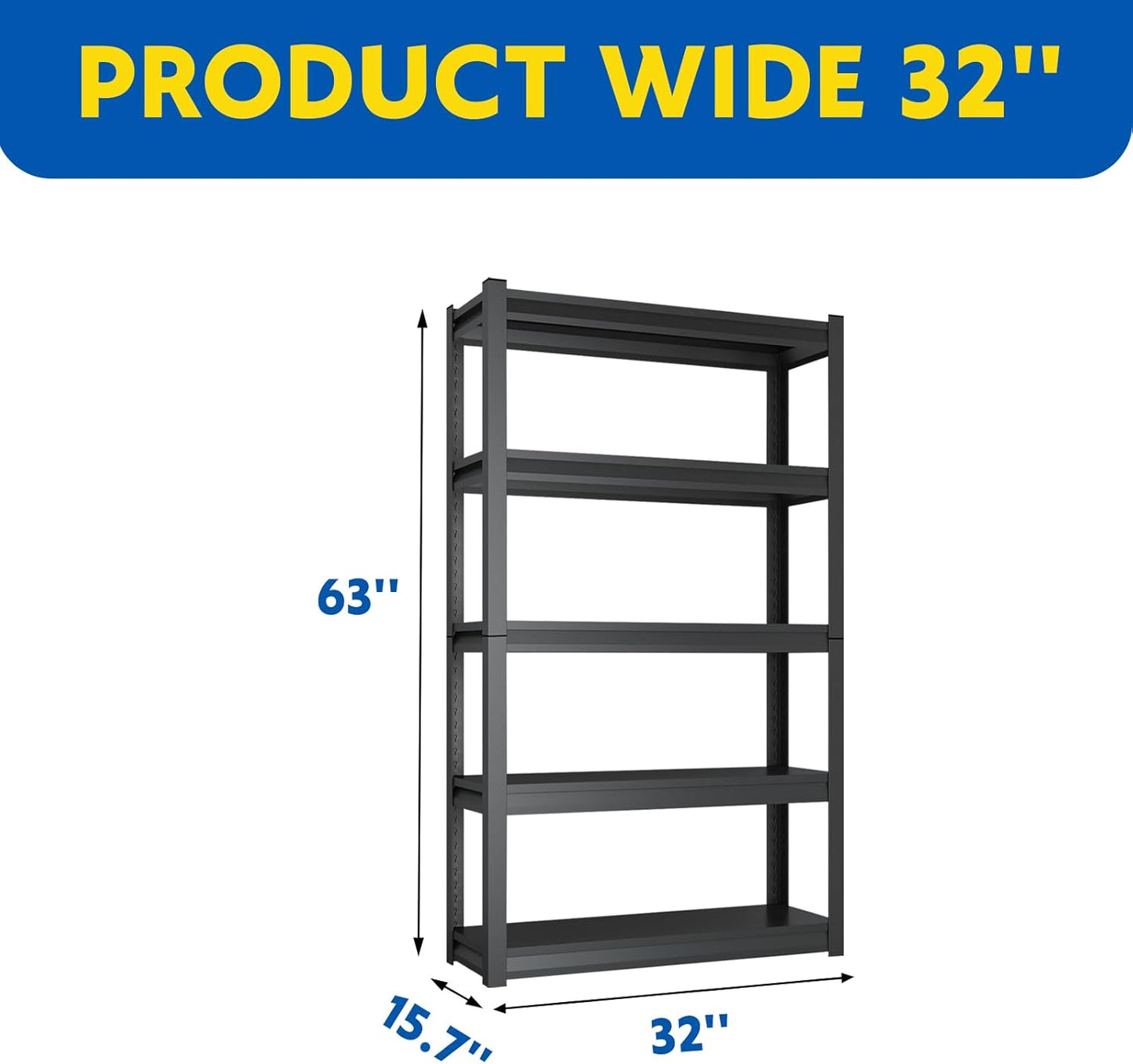 63''H Garage Shelving Heavy Duty, 2800LBS Storage Shelves, 5-Tier Adjustable Metal Shelve Storage Shelf Rack, Industrial Shelving Unit for Garage, Warehouse, Basement (32" W x 15.7" D x 63" H)