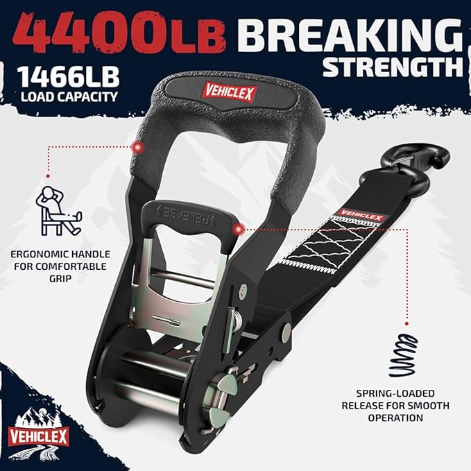 Vehiclex 1.5" x 15 ft 4,400 lb Heavy Duty Ratchet Tie Down Straps with Soft Loops – 4PK for Cargo & Equipment – Black