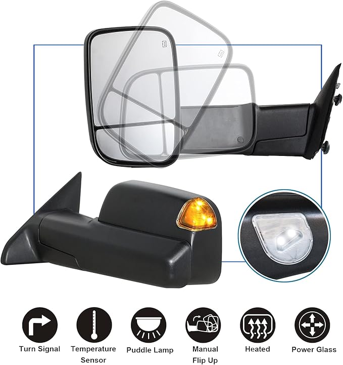 JZSUPER Tow Mirrors fit for 2009-2018 Ram 1500, 2019-2023 Ram 1500 Classic, A Pair of Towing Mirrors Pickup Truck Black Cap
