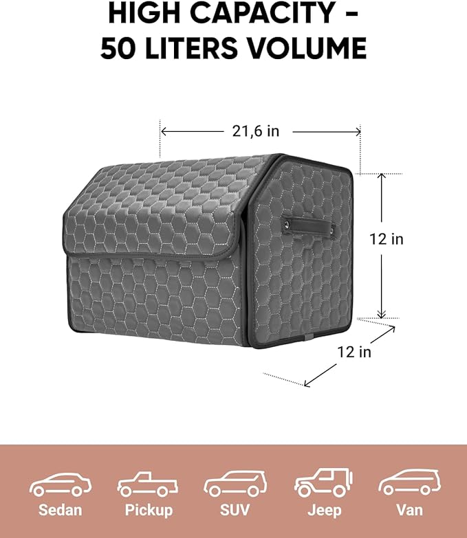 Owleys Foldable Trunk Organizer For Car - Trunk Organizers Car Storage - Collapsible Auto Trunk Organizer With Lid - Small And Large Cargo Organizer - Trunk Organization (Gray 21)