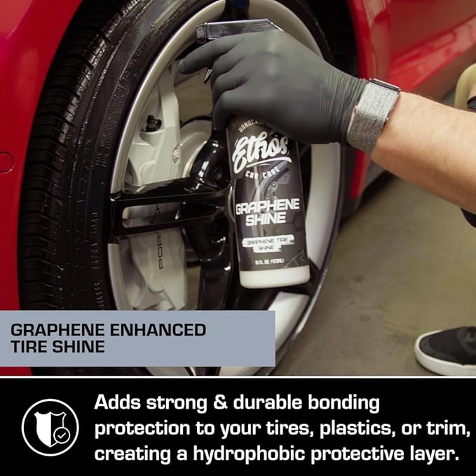 Ethos Graphene Shine - Trim & Tire Shine Spray, High Sheen, Non Greasy, Sling Free Finish! Conditions and Protects Rubber with UV Protection (Gallon)