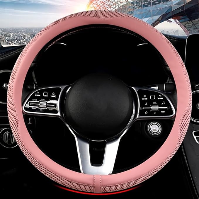 LKWLIKEI Car Steering Wheel Cover, Universal 15 inch, The Latest Microfiber Leather Breathable Technology Fabric, Non-Slip, Comfortable, Warm in Winter and Cool in Summer,Pink
