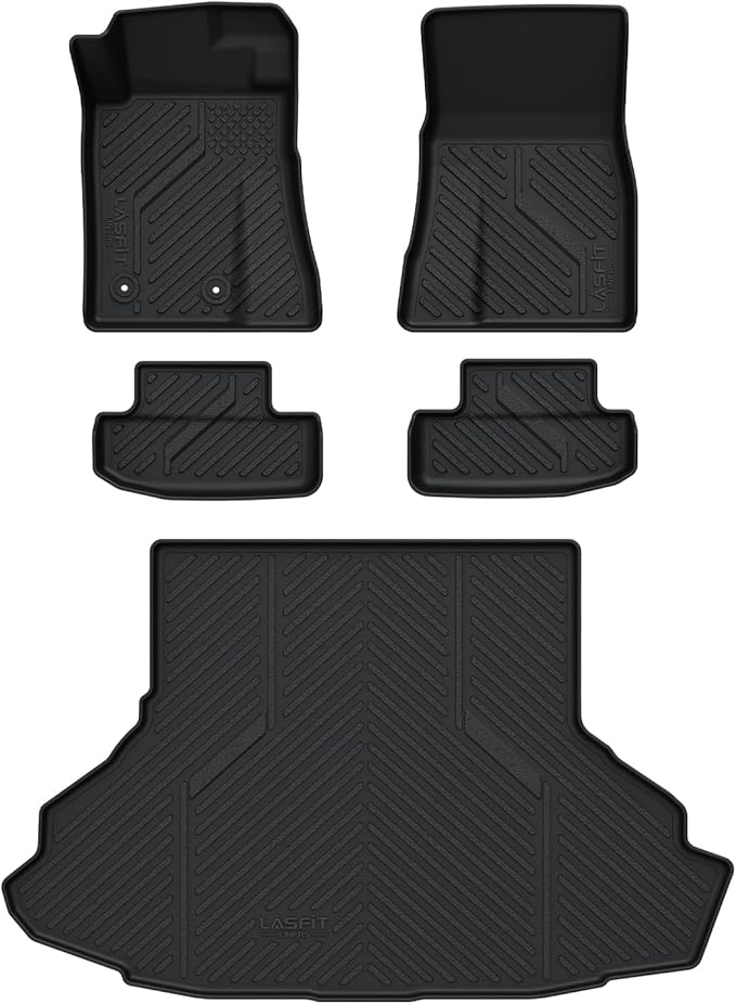 LASFIT Floor Mats and Trunk Mat for Ford Mustang 2024 2025 2026 (Cargo w/o Subwoofer Box) All Weather Protector TPE Car Floor Liners, 1st & 2nd Row & Cargo Liner, 5pcs Black