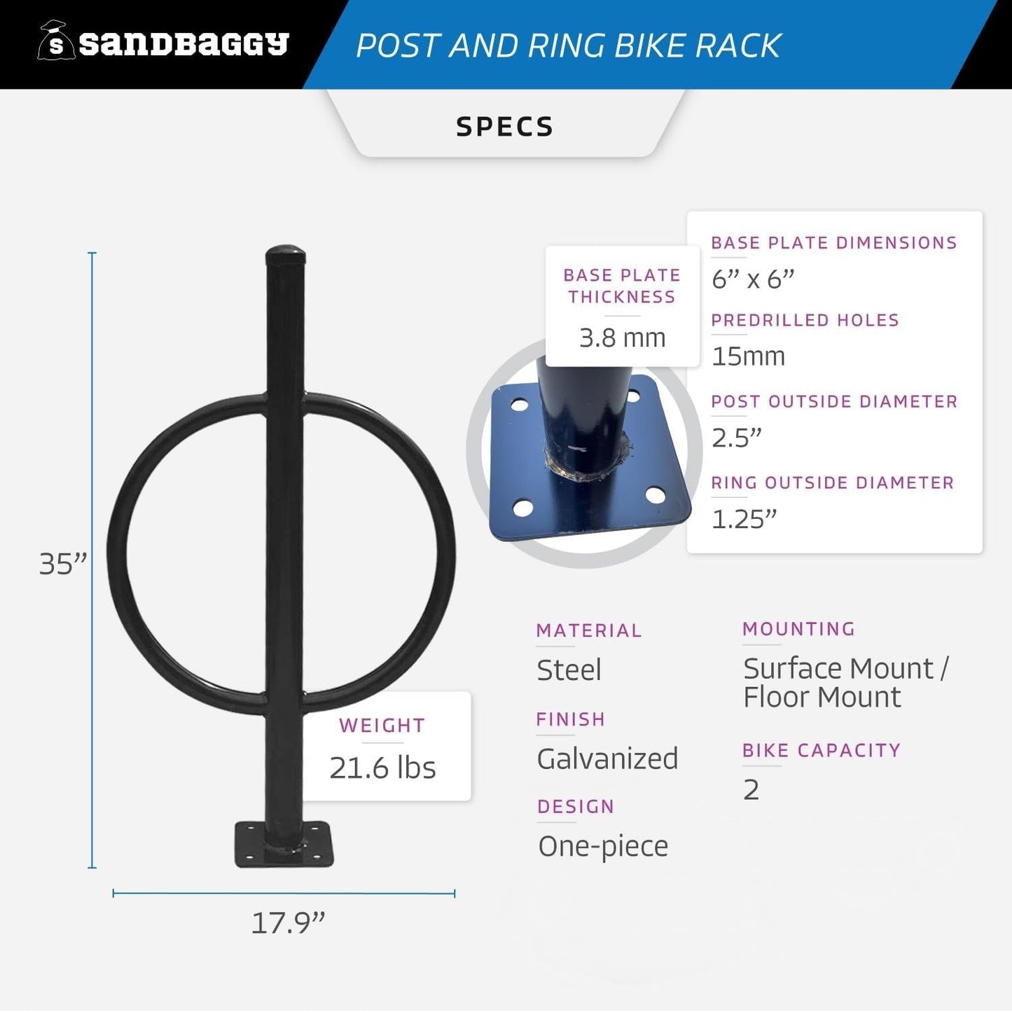 Sandbaggy Post and Ring Bike Rack - Commercial Bike Racks - Galvanized Steel - Anti-Theft Design - In Ground, Apartments, Sidewalks, Industrial (Blue, 10)